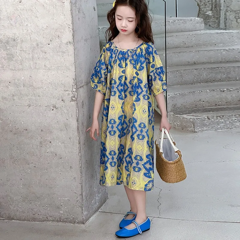 Summer Baby Girls Stylish Cotton Print Ruffle Short Puff Sleeve Princess Dresses School Kids Sweet Skirt Children Outfit 5-16 Yr