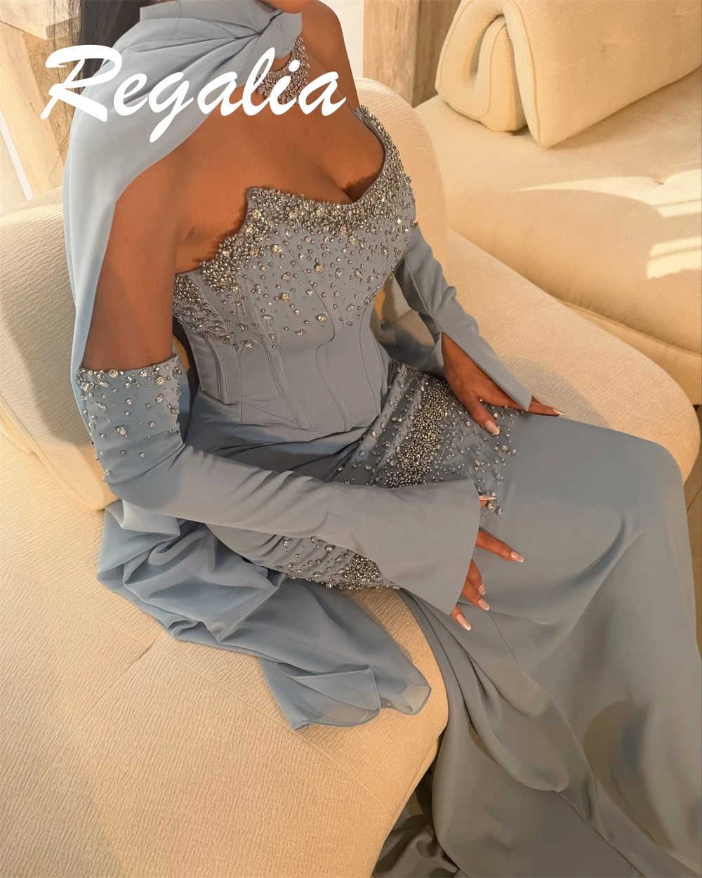 Customized Mermaid Elegant Blue Jersey Evening Dress Exquisite Strapless Detachable Sleeve Celebrity Gowns Luxury Prom Dress