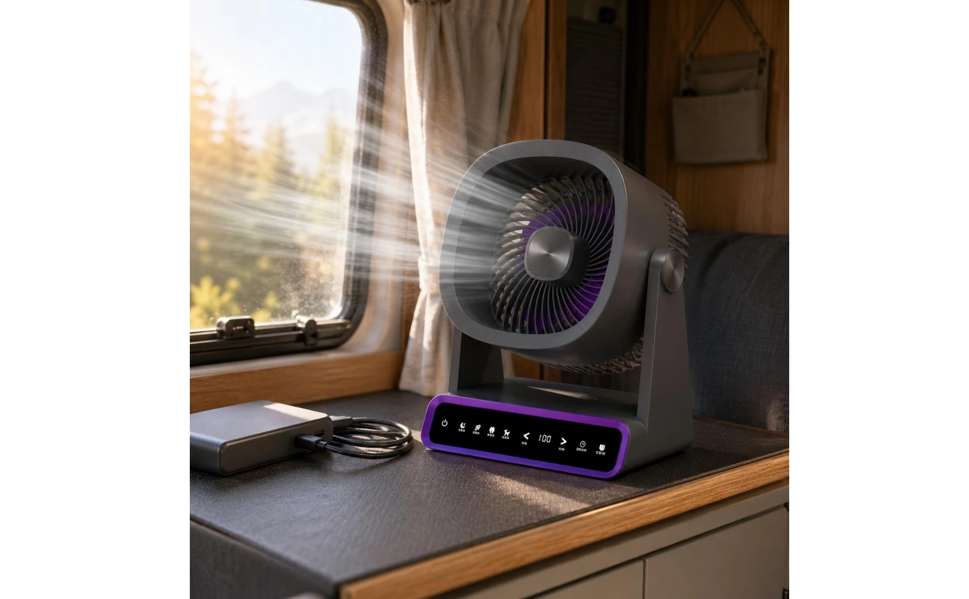 Rechargeable Tabletop Fan Solar Powered Smart Digital Fan Home Cooling Wireless Charging Compact for Outdoor, Camping