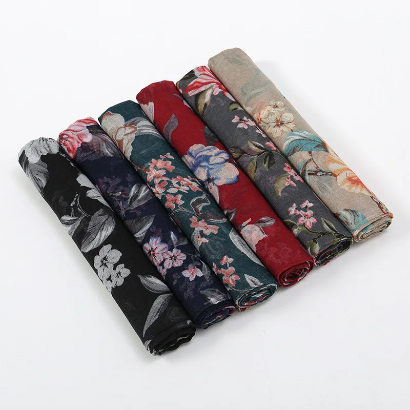 2024 New Elegant Floral Printed Hijab Soft Scarves For Women Muslim Hijabs Shawls Turban Headscarf Wraps Foulard Stole Headband