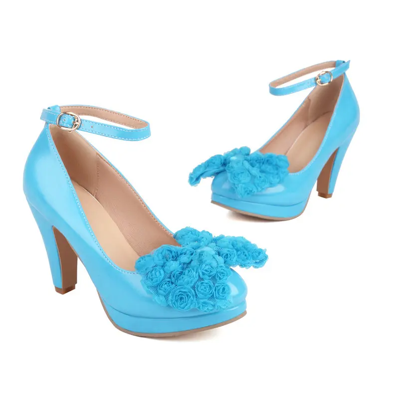 Plus Size 34-48 Bright Yellow Blue Round Toe Lady Mary Janes Shoes Spike High Heels Stiletto Women Pumps With Lace Flower Bowtie