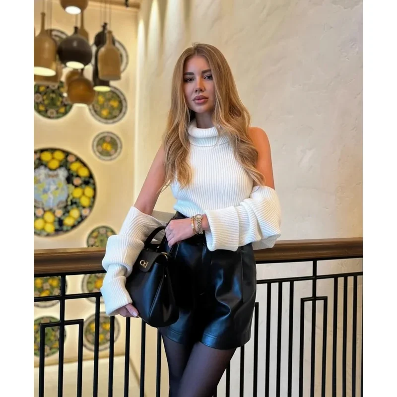 Women's Grey Turtleneck Backless Knitted Sweater Sleeveless Vest Pulls Tops Winter Spring Clothing Pink Blue Black Brown White view 3