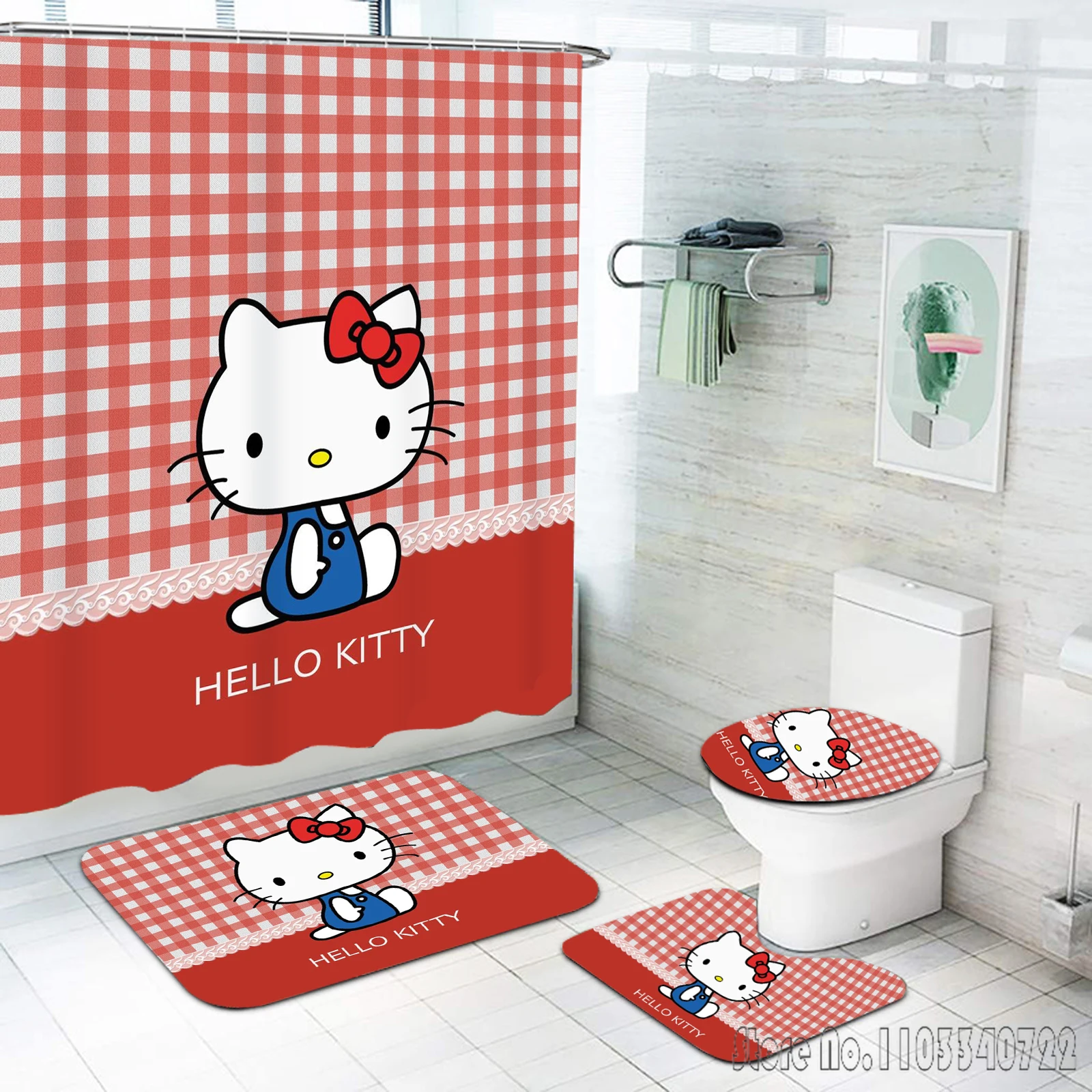 Cute Hello Kitty Anime Bath Shower Curtain Set 4pcs with Hooks Waterproof Bathroom Toilet Mat Lid Decor