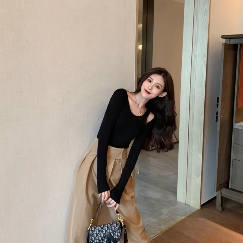 تصميم المتخصصة تي شيرت جديد 2025 ربيع الخريف الأسود الجوف مثير قاع خارج الكتف طويلة الأكمام سليم الأعلى للنساء #5