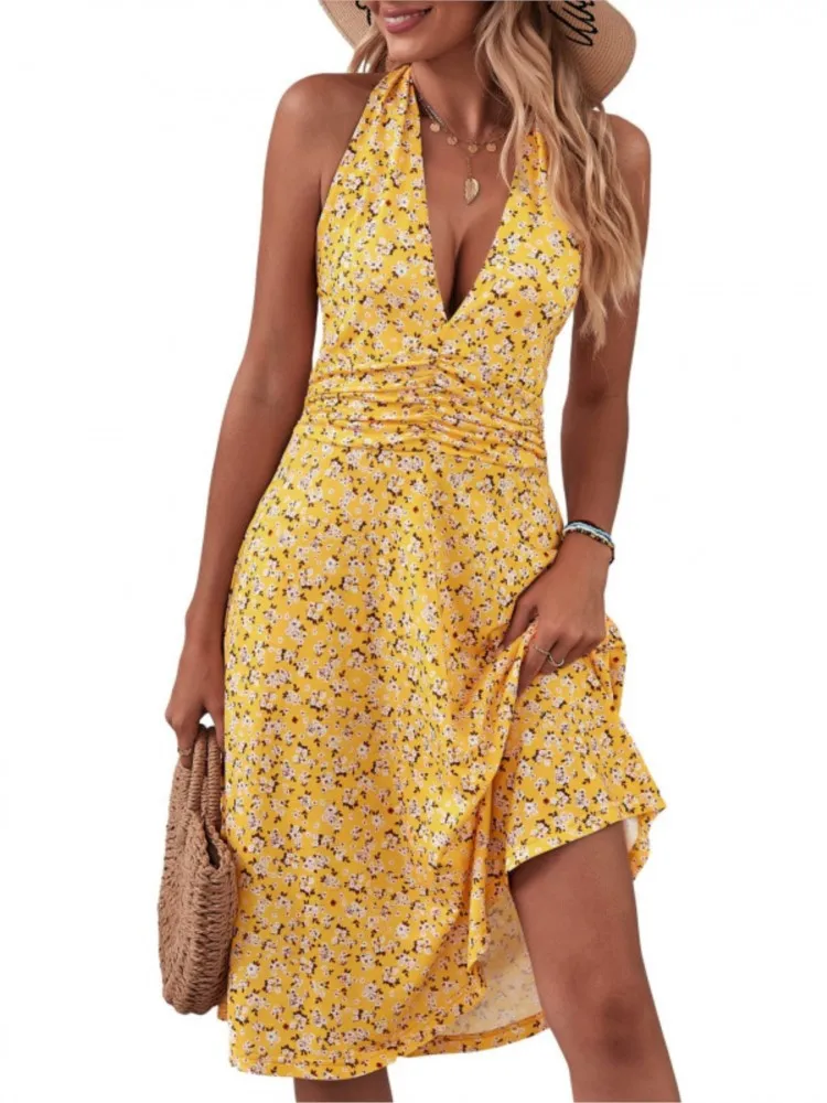 New Summer Elegant Floral Dress V-neck Halter Neck Waist-hugging Large Sway Fashionable Casual Commuter Backless Dress Females