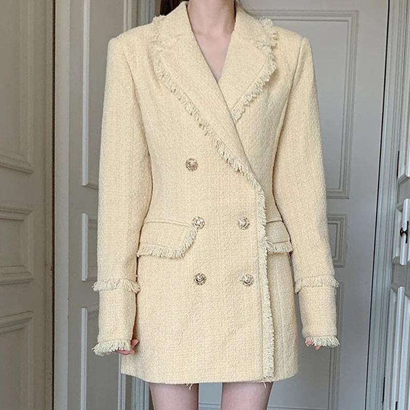 Chic Autumn Winter Tweed Jaet Women's Loose Long Coat Double Breasted Suit Collar Frayed Hem mid Length Outerwear