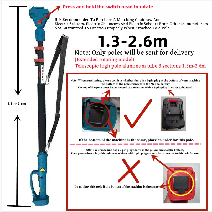 Deze telescopische stang kan alleen worden gebruikt op Makita-machines met 3-pins stekkerconnectoren aan de onderkant, terwijl de 2-pins stekker niet beschikbaar is