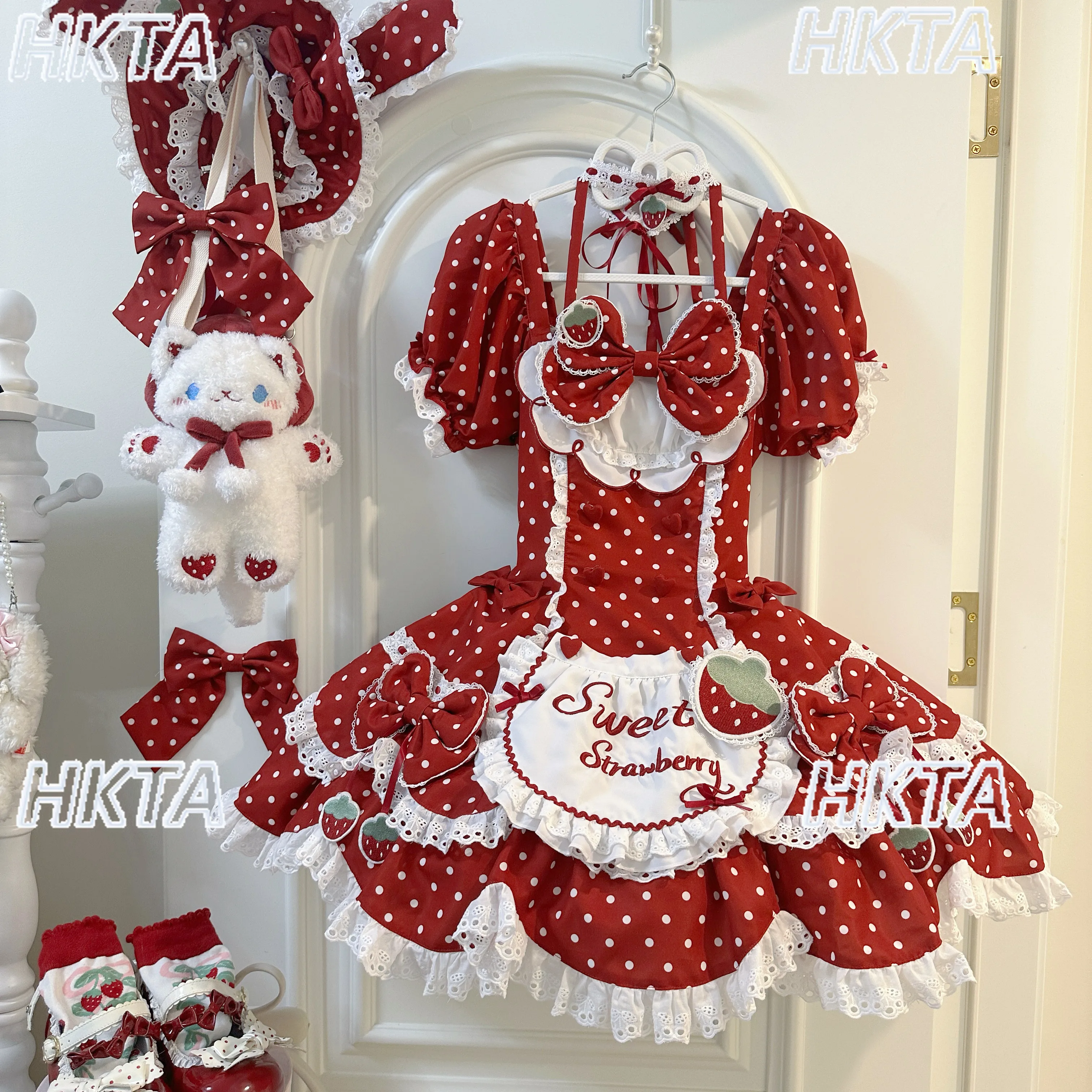 Japanese Strawberry Polka Dot Square Collar Lolita Dress Sweet Cute Lace Bow Letter Embroidery Bubble Short Sleeve Dress Women