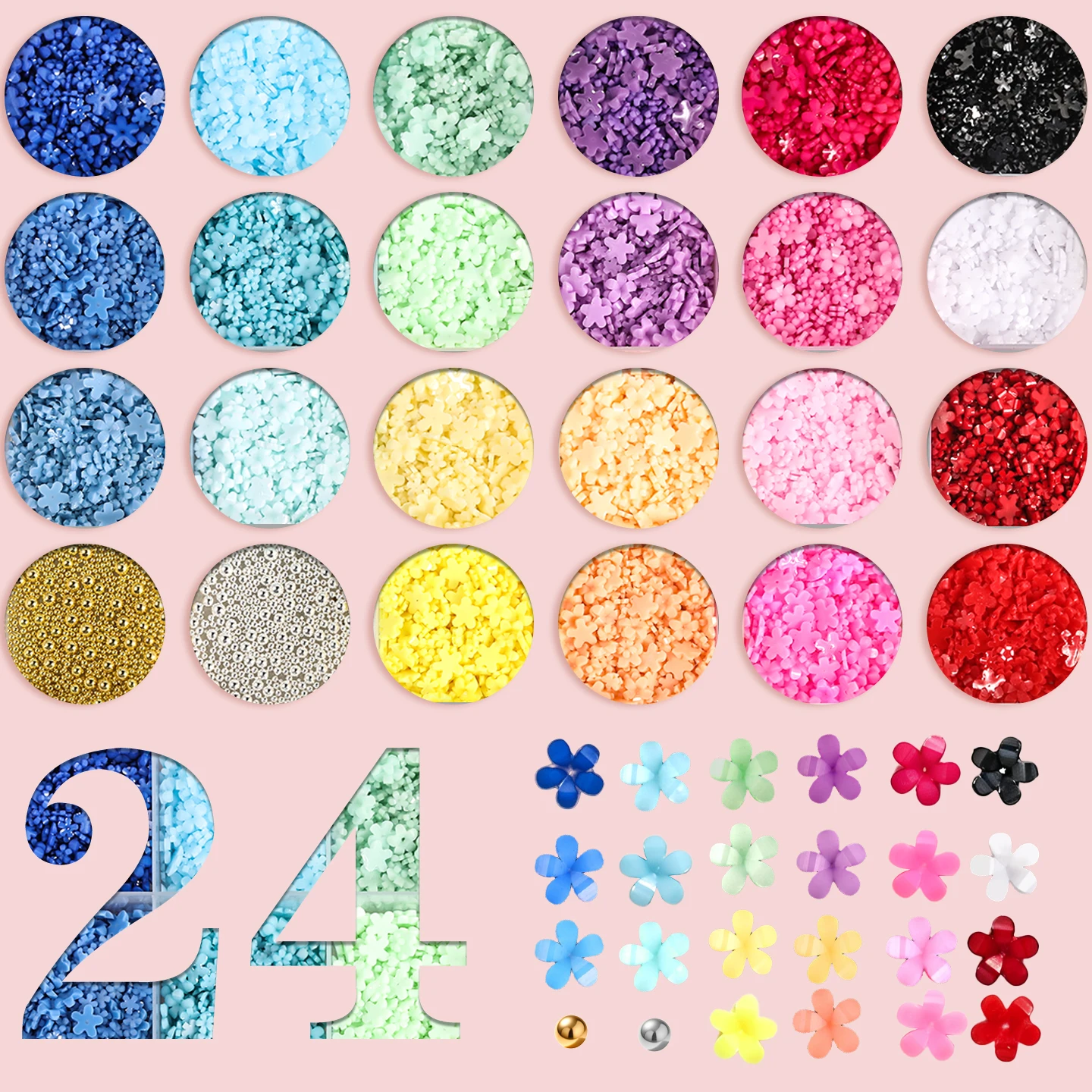 24 Grids Boho Multicolors Resin Flower Nail 3D Charms Acessories Set Trendy Golden Beads Manicure DIY Art Decoration Wholesale