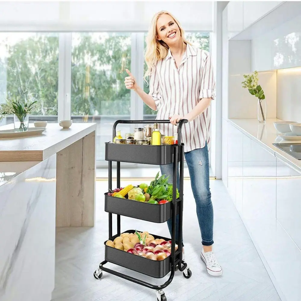 

Kitchen Islands Trolleys Utility Cart Kitchen Organizer Multi-functional Rolling Storage Cart With Handle And Lockable Wheel