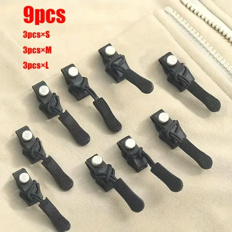 Kit de reparo de zíper 9 peças para roupas, bagagem, mochila - correção deslizante e dentes, tamanhos S/M/L, solução fácil DIY, preto