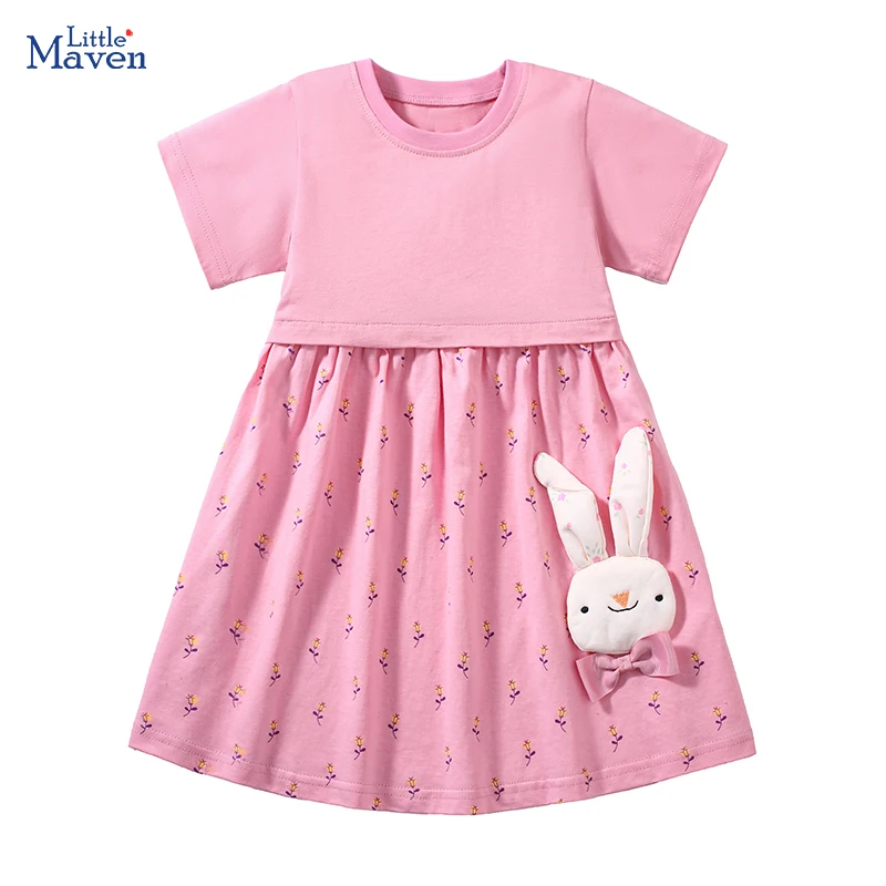 Little maven Children's Clothing 2025 Summer Cartoon Cute Rabbits Bow Baby Girls Princess Dresses Festivals Girls Party Dresses