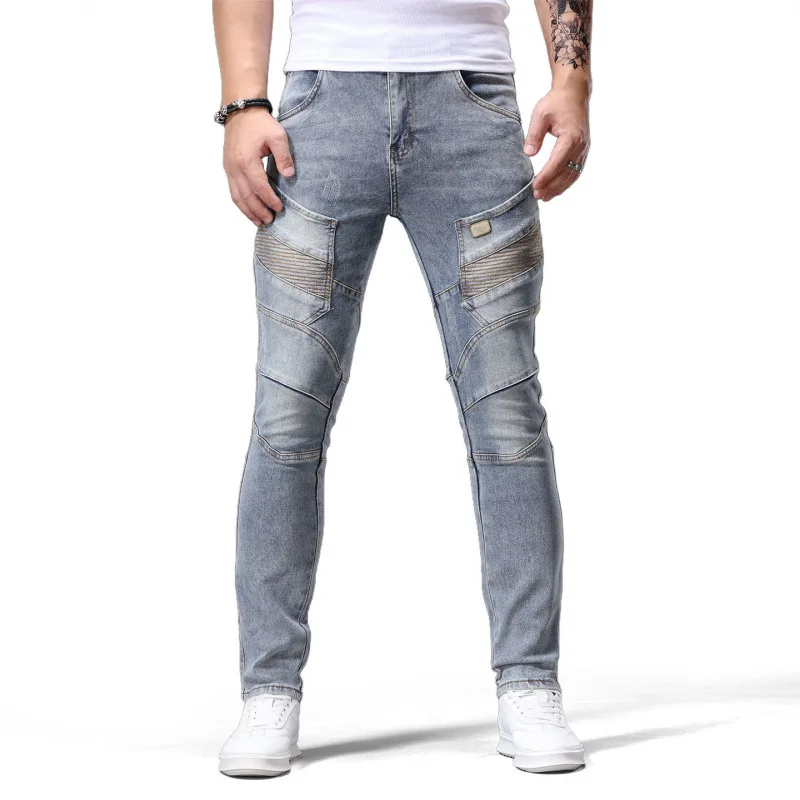 Мотоциклетные джинсы с дизайном сращивания, мужские маленькие ноги, уличные крутые ретро винтажные повседневные эластичные брюки
