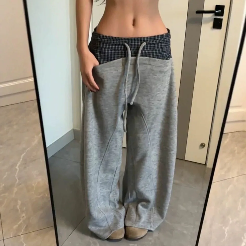 Plaid Spliced Sweatpants Waist Wide Leg Sweatpants Drawstring Loose Fit Gray Casual Pants Side Pockets Streetwear Daily Trousers