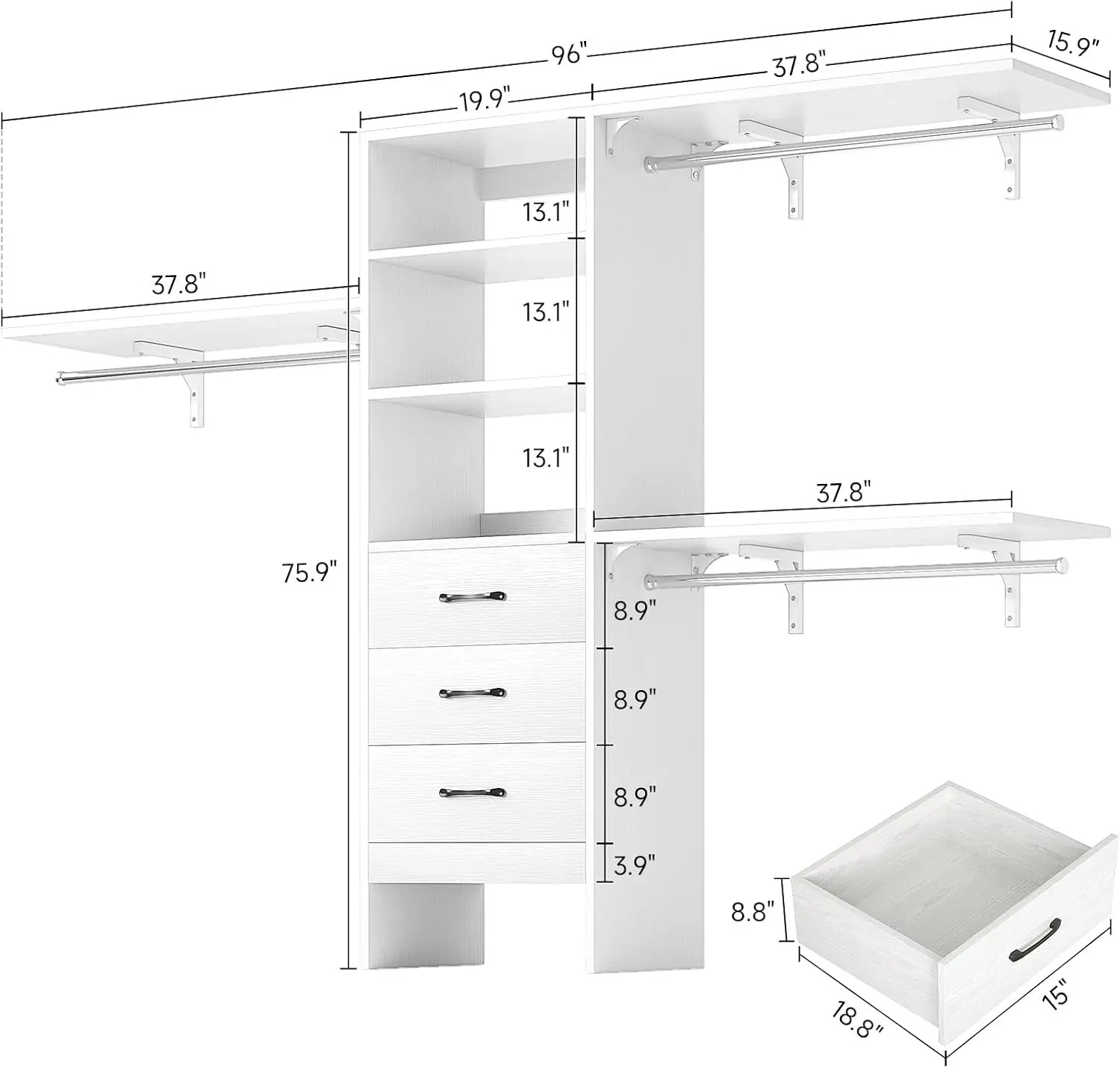 96 Inches Closet System, 8Ft Walk In Closet Organizer With 3 Adjustable Shelves & 3 Hang Rods , Heavy Duty Clothes Rack With 3