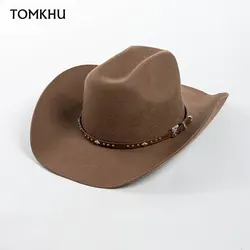 Vendita calda moda cintura a tesa larga fibbia decorazione cappello da Cowboy in lana europa America cappello Casual di lusso Vintage di alta qualità Fedora