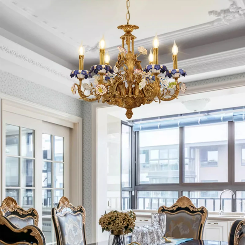 Medieval Ceramic Flower Decorative Pendant Light Luxury Villa Hotel Living Room Victorian Brass Copper Chandelier image 2
