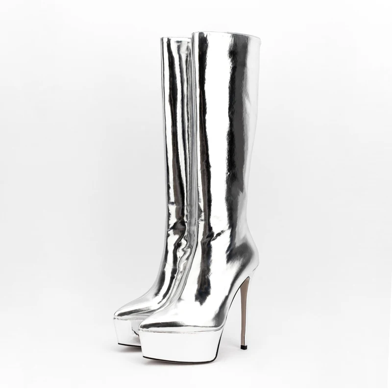 

Sexy Super Thin High Heel Platform Pointed Toe Boots Solid Silver Beige Patent Leather Back Zipper Woman Mid High Knight Boots