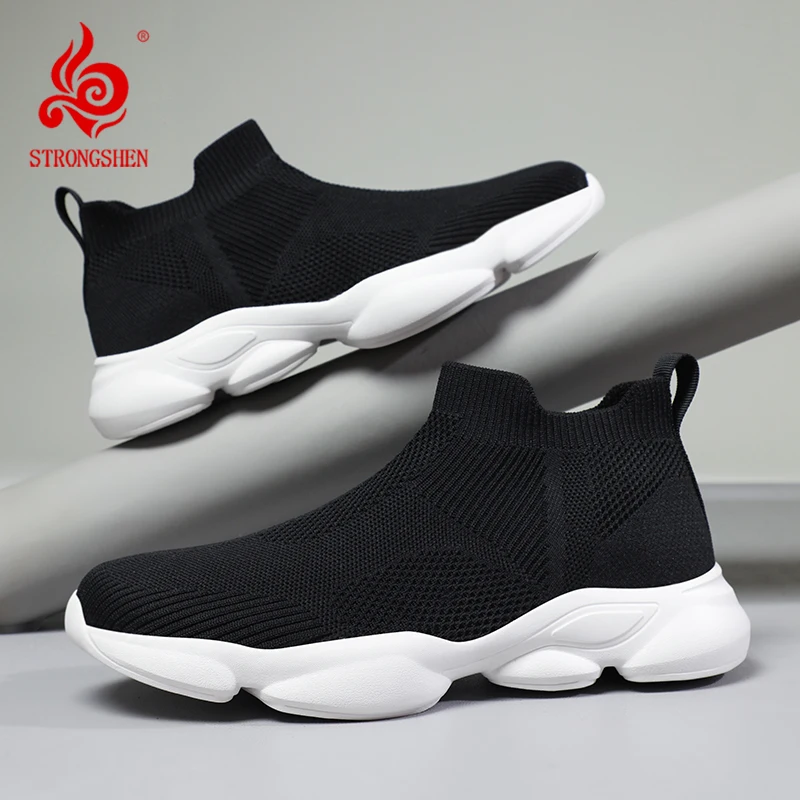 STRONGSHEN Men Soft Casual Shoes Breathable Sport Sneakers Male Outdoor Trainers Man Mesh Socks Walking Shoes Plus Size 39-48