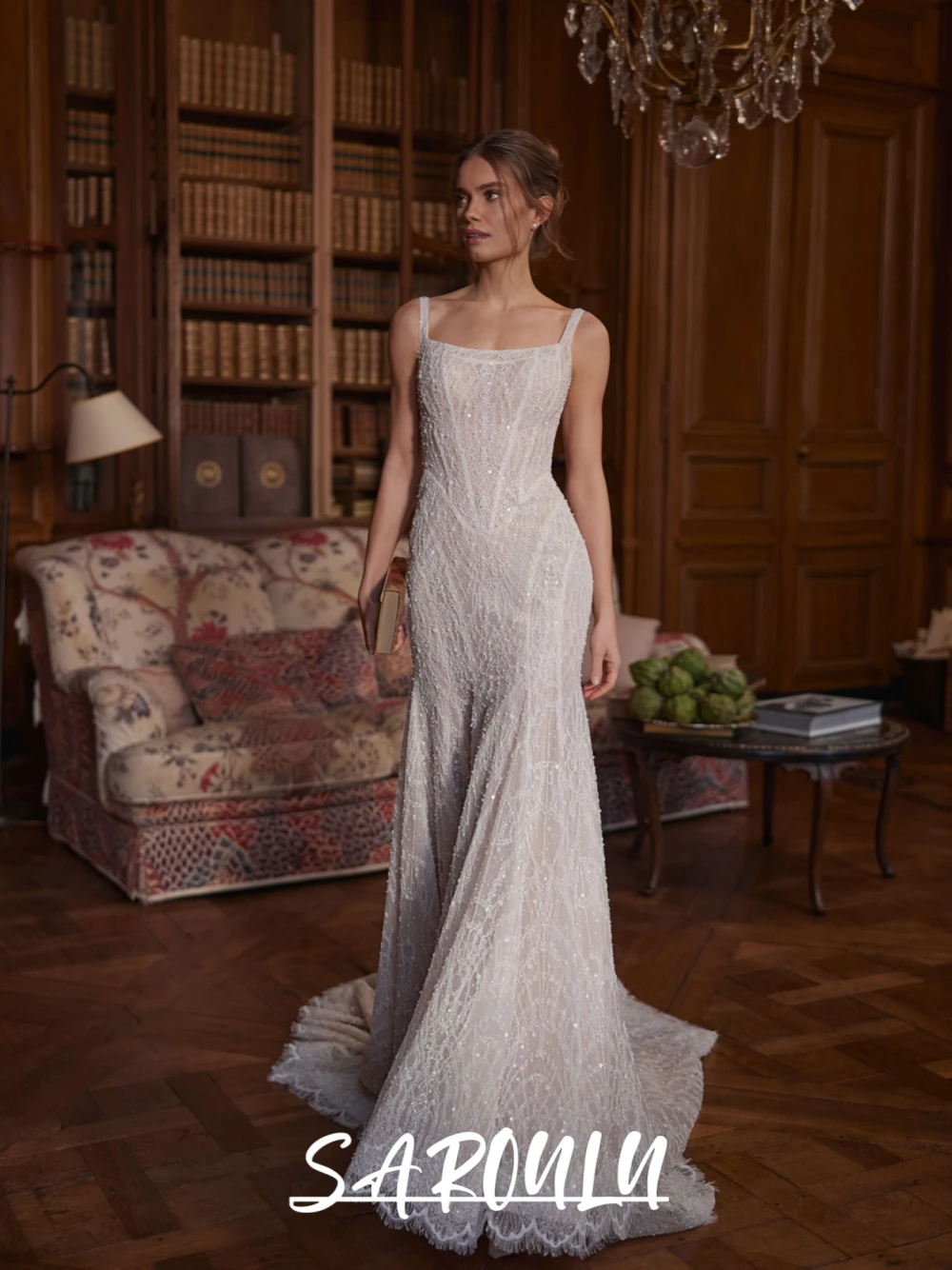 Opulent Beaded Lace Square Neck Wedding Dress Romantic Graceful Mermaid Customized Bridal Gown Sleeveless Glitter Long Wear