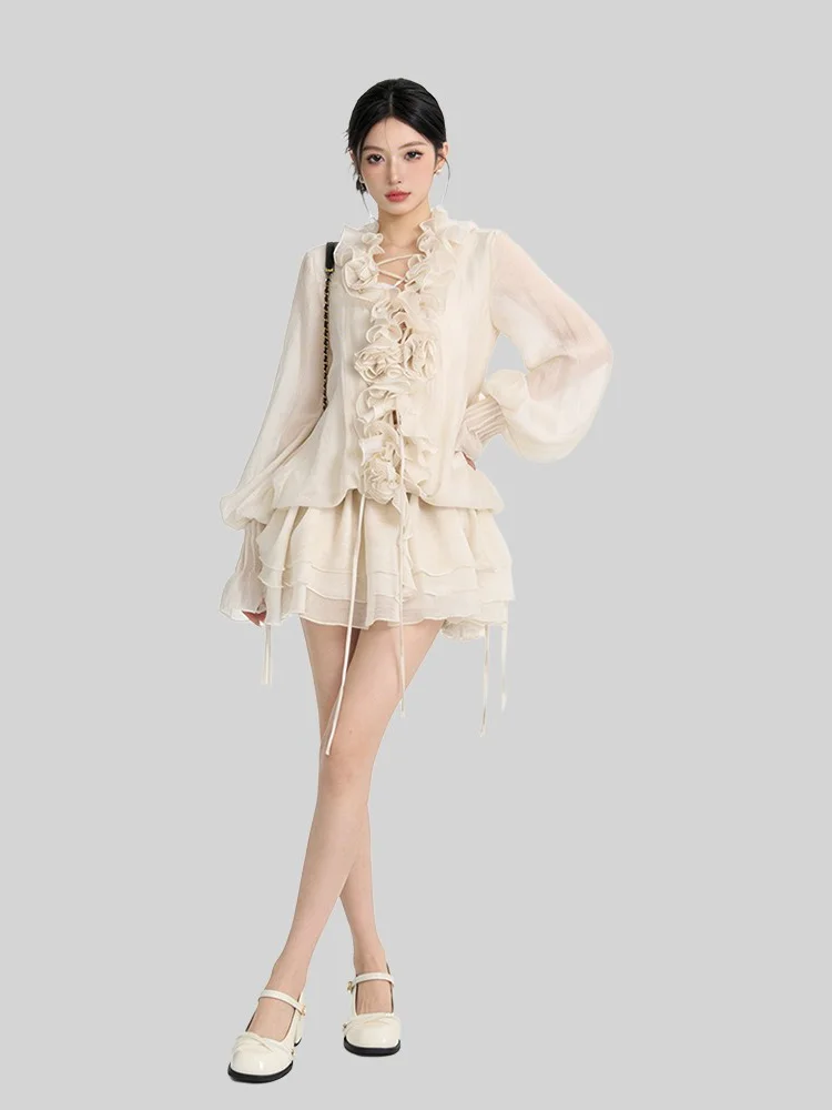 

Spring 2026 Pure Desire Style Shirt Dress with Bow Tie Waist Cinching Short Cake Skirt Fairy Skirt Long Sleeve O-Shape Dress
