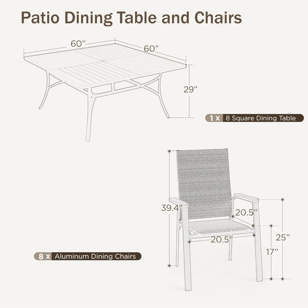 Outdoor Dining Set for 8, Aluminum Stackable Chairs and Large Square Metal Table, Breathable Fabric, Easy To Move, Outdoor Table