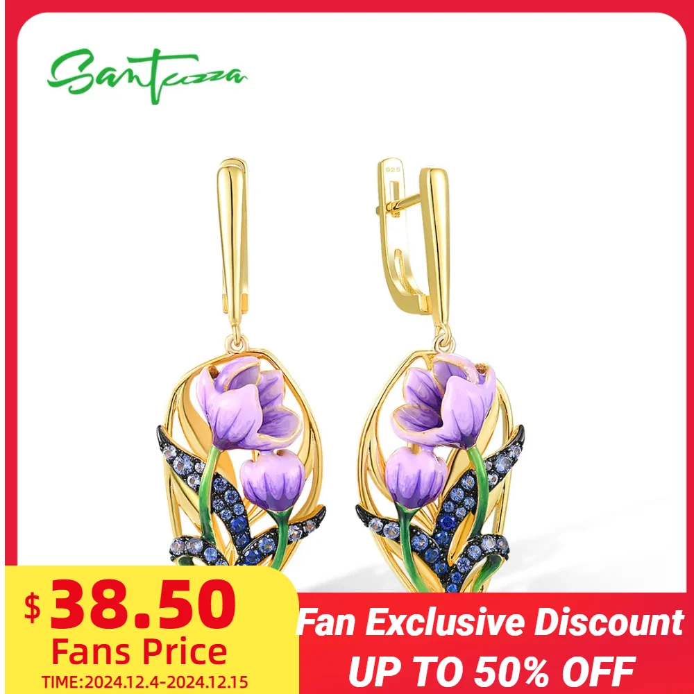 

SANTUZZA Real 925 Sterling Silver Earrings For Women Purple Enamel Flower Blue Spinel Wedding Engagement Trendy Fine Jewelry