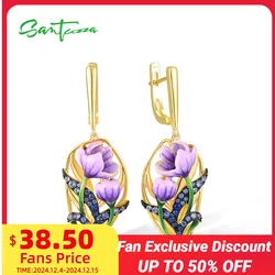 SANTUZZA Real 925 Sterling Silver Earrings For Women Purple Enamel Flower Blue Spinel Wedding Engagement Trendy Fine Jewelry