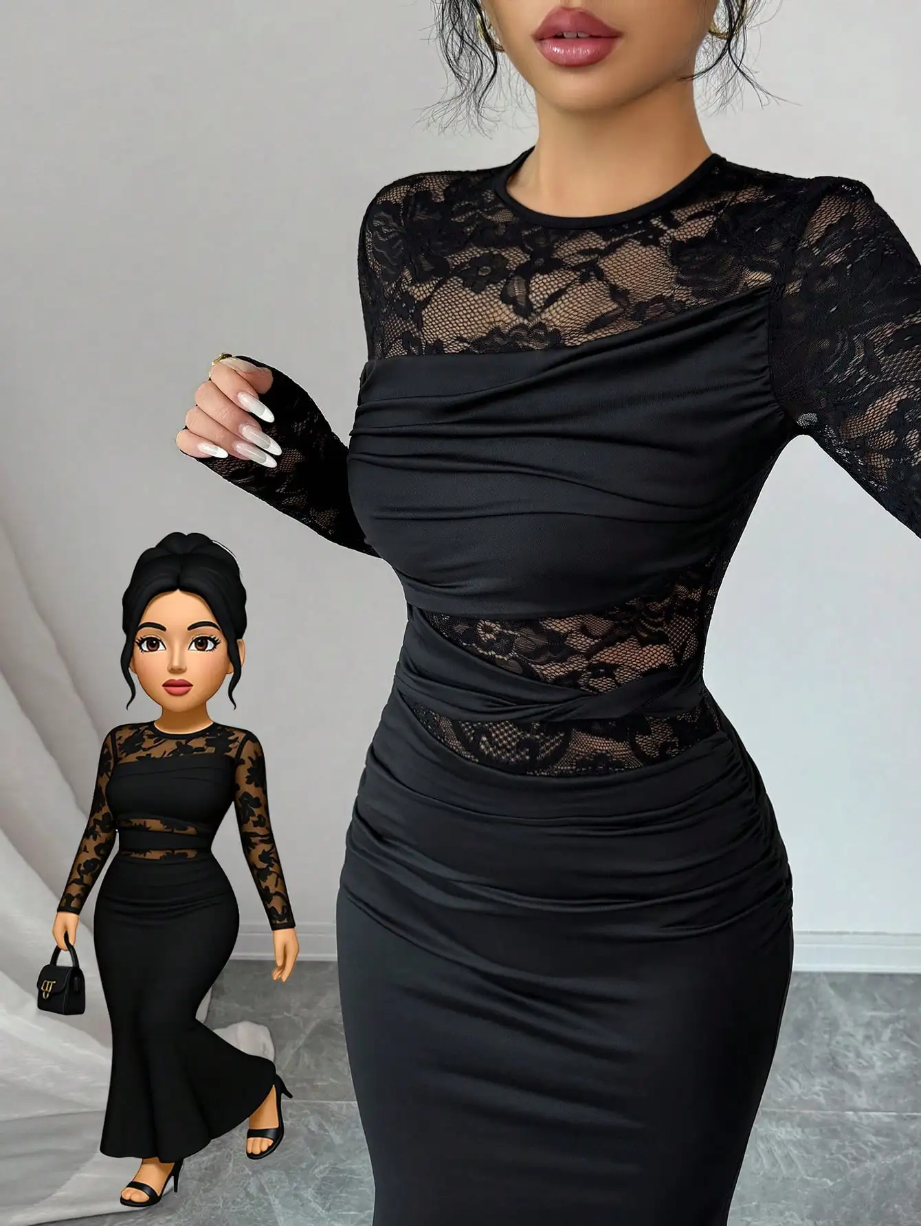 

Черное облегающее платье с рюшами и кружевными вставками, с длинными рукавами, для вечерних мероприятий