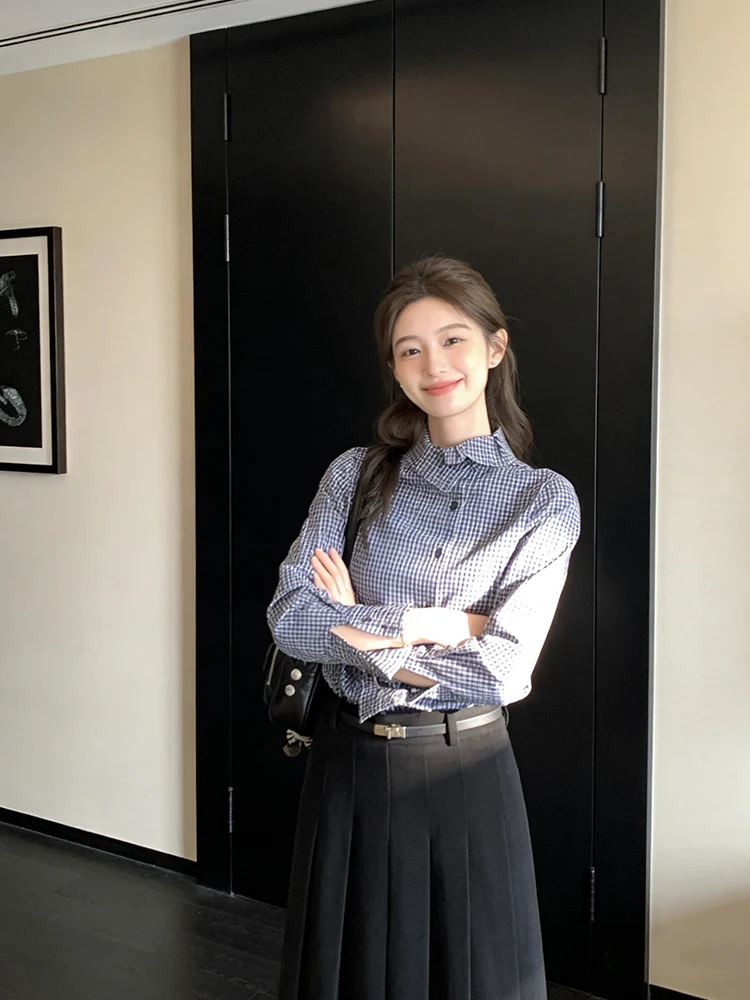 

Французская клетчатая блузка с длинным рукавом для женщин, модная, с цветочным воротником, приталенная, весенняя, высокого качества, элегантный топ