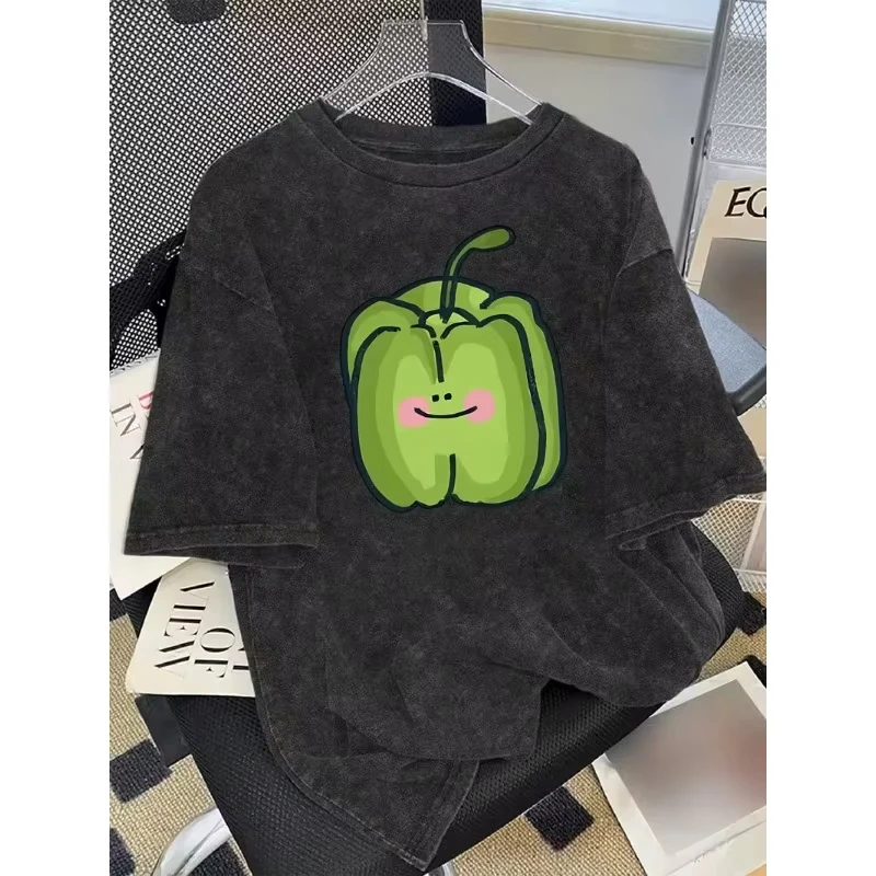 Unisex Vintage Washed Cotton Vegetable Print T-Shirt, Casual Crew Neck Short Sleeve Streetwear Top