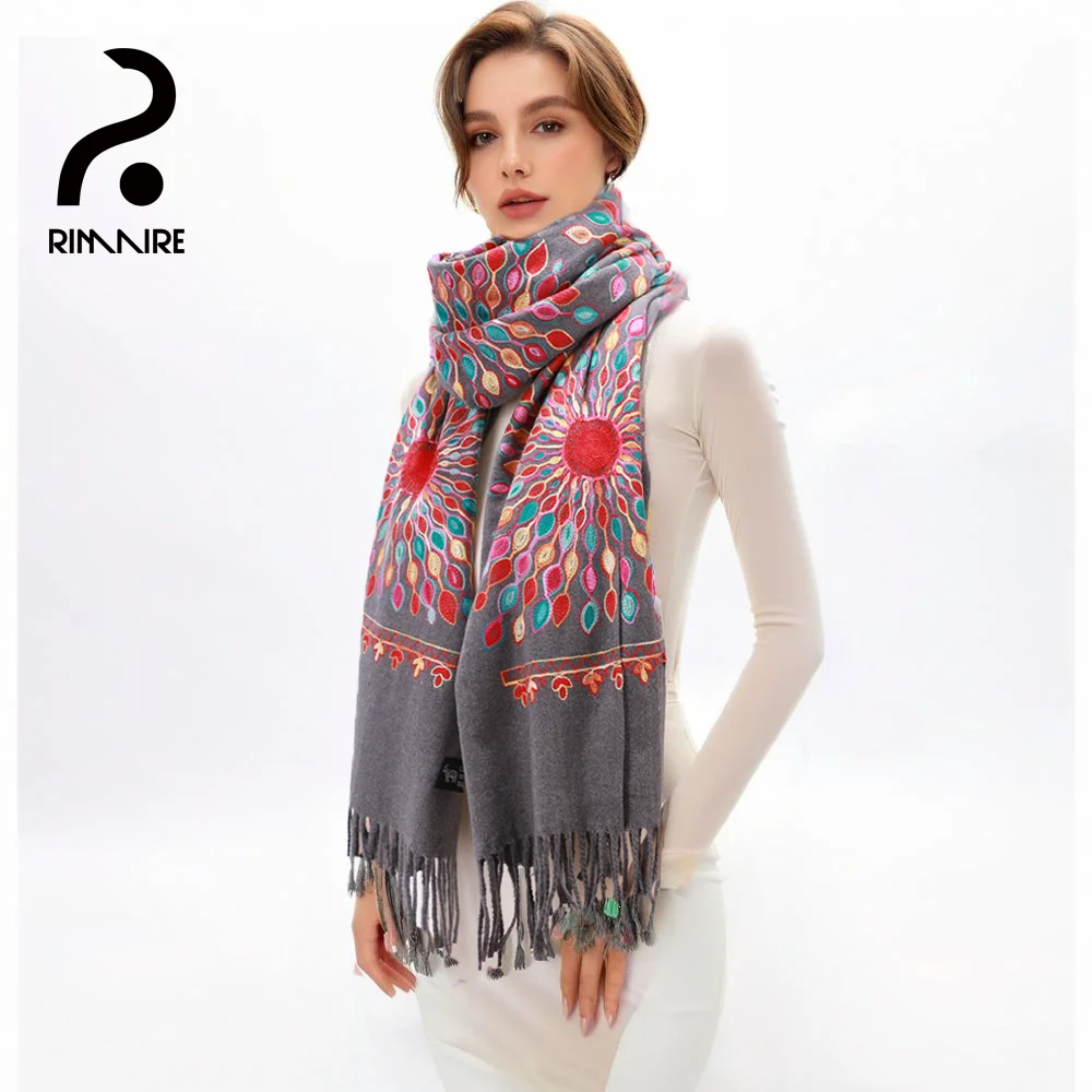 

RIMAIRE Fashionable Warm Winter Scarf for Woman with Embroidery Decoration Flower Pattern Bright Scarf with Tassels Decoration