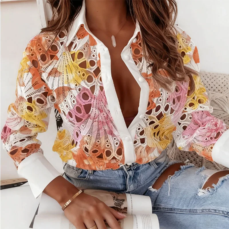 قميص ملون مختلط الألوان مطبوع طية صدر السترة الربط الدانتيل المجوف بأكمام طويلة قميص كاجوال بصدر واحد #2