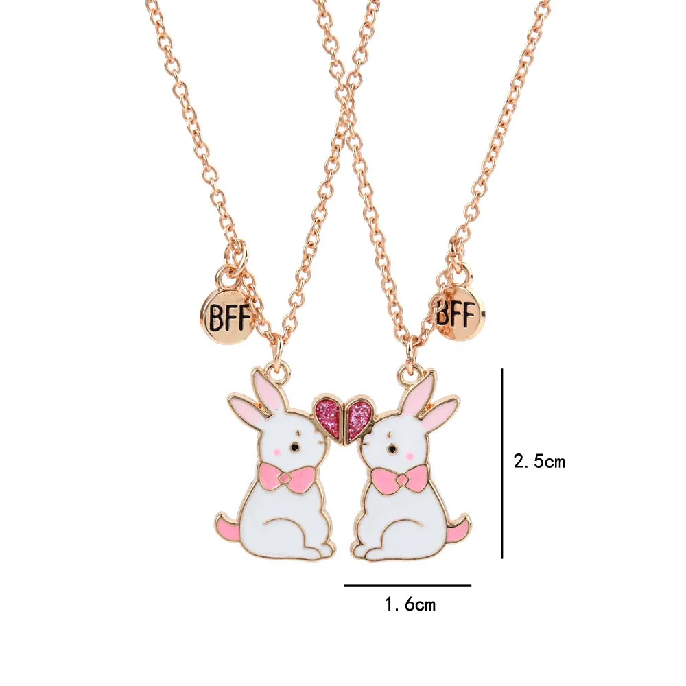 Lovecryst 2Pcs/set Cartoon Rabbit Magnetic Drip Oil Alloy Pendant Best Friend Necklace for Kids Girls Fashion Friendship Gifts
