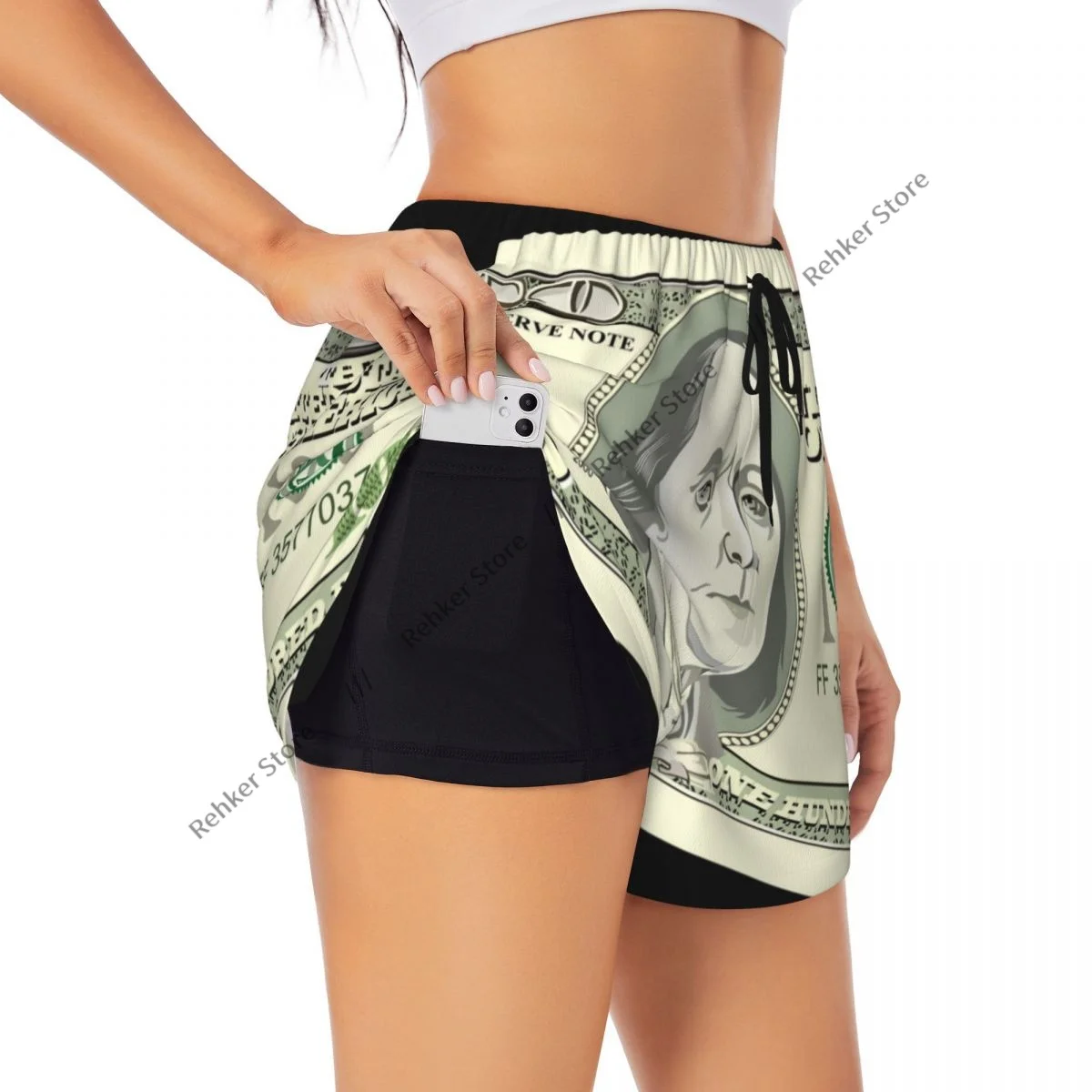 ワークアウトショーツ女性フィットネス速乾性二重層ショーツ百ドルプリントアスレチックヨガショートパンツジムレギンス