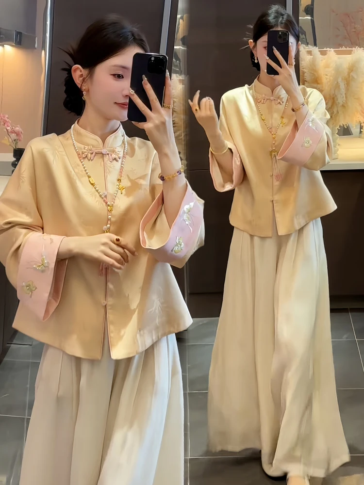 

Casual Lazy Sport Two-Piece Set Women's Spring Autumn New Open Cardigan Loose Top Wide Leg Pants Ensemble Breathable Faion