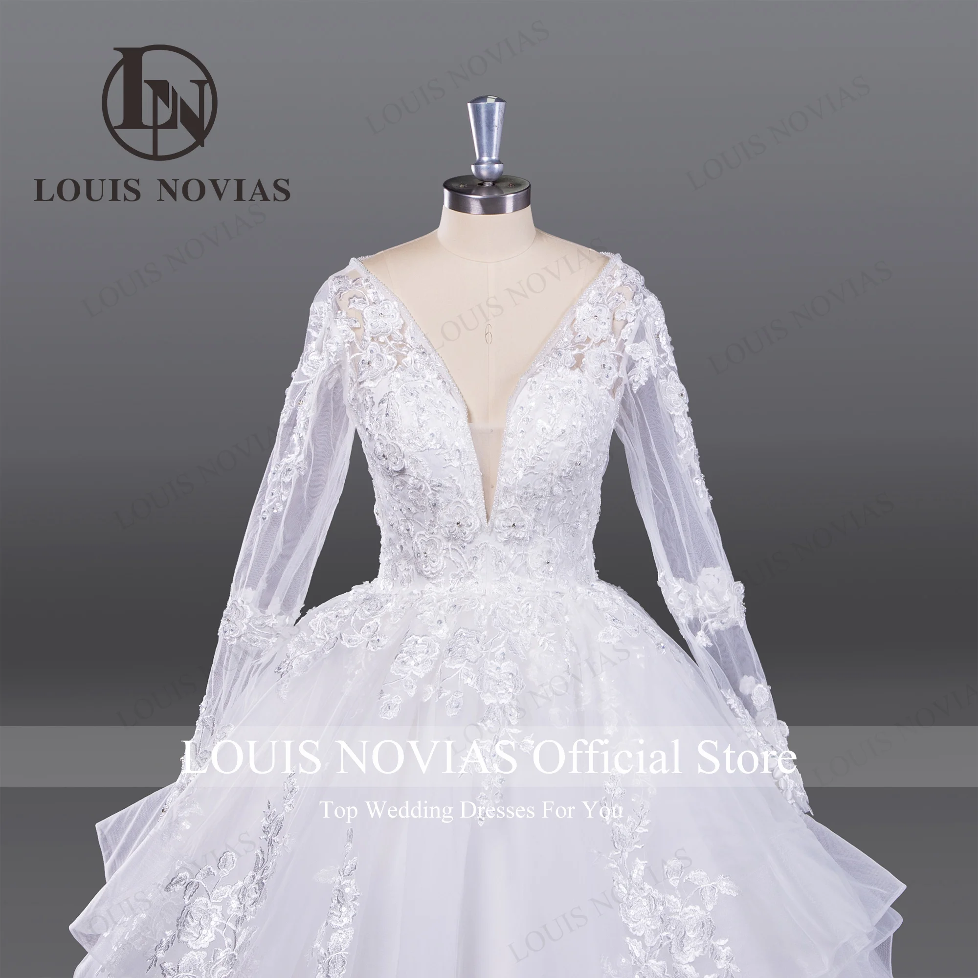 

LOUIS NOVIAS Long Sleeve Wedding Dresses For Women Sexy Bride Deep V-Neckline 3D Flowers Appliques Wedding Gown Vestido De Novia