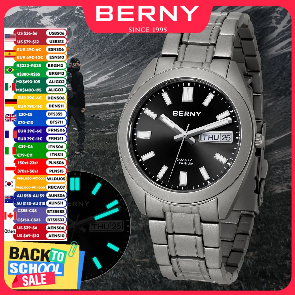 BERNY Titan-Armbanduhr für Herren, leichte Abendmahl-Armbanduhr, super leuchtender Saphir, 10 ATM wasserdicht, Sportplatz-Quarzuhren