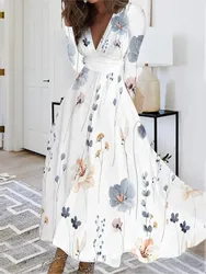 Autumn Floral Elegant Party Long Dress For Women Sexy Deep V Neck Long Sleeve Slim White Print Casual Maxi Dresses 2023 Spring