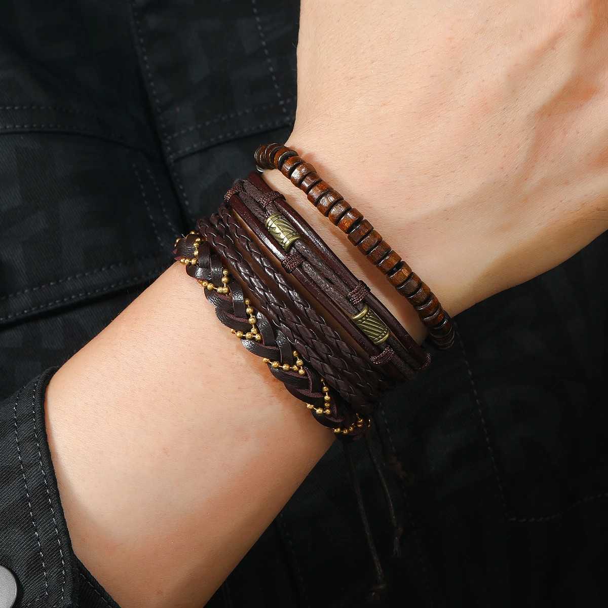 Vintage Leather Bracelet Men Multiple Woven Bracelets with Brown Wood Beads As Decorative Accessories Drawstring Bracelet Gift