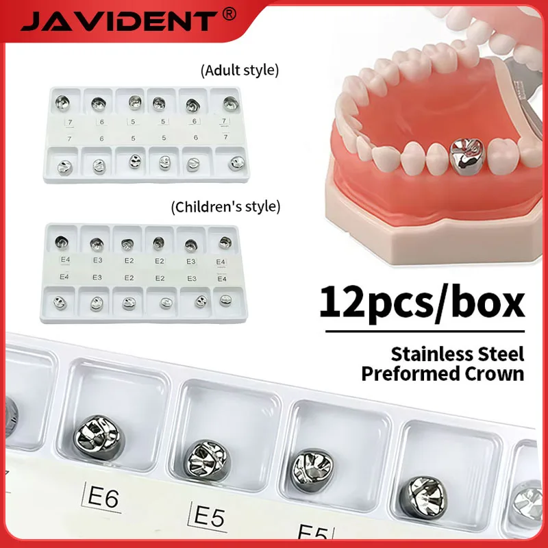 

1 коробка временных зубных коронок, нержавеющая сталь, предварительно изготовленные металлические коронки для взрослых и детей, 12 штук в коробке, стоматологические принадлежности