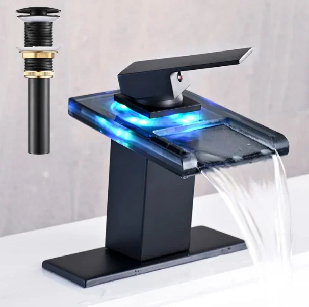 

LED Brass Bathroom Sink Faucet, Matte Black Waterfall Single Hole Handle RV Bath Vanity Faucets