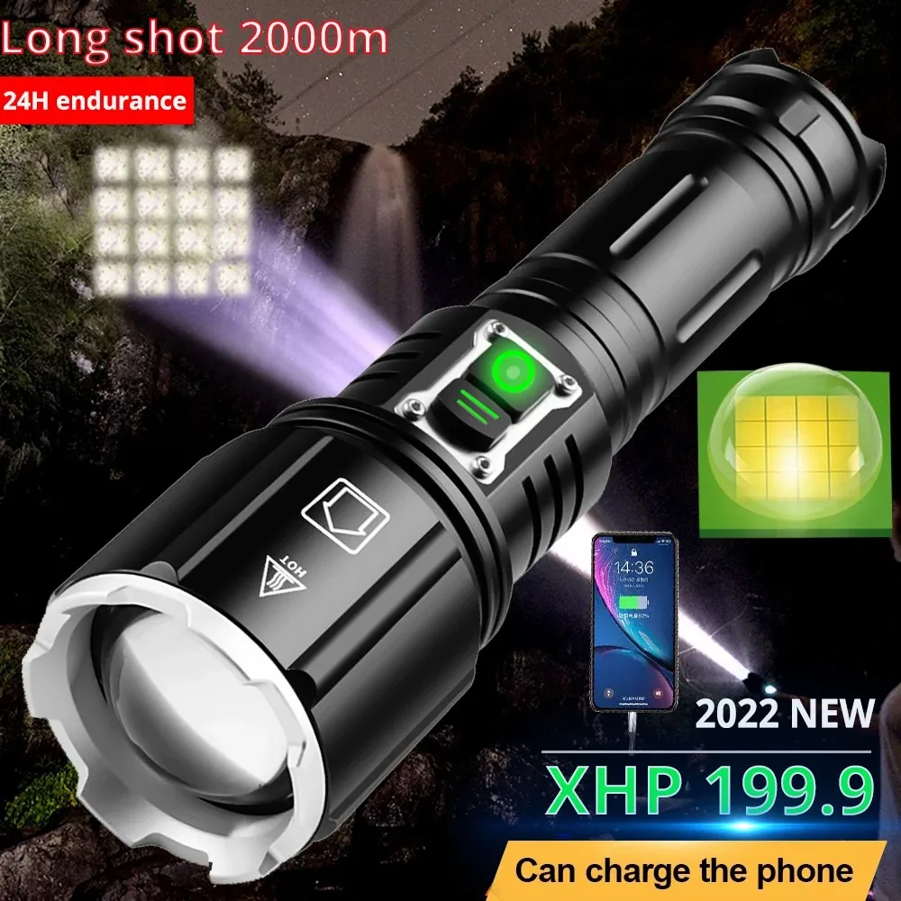 

D2 Brighest XHP199.9 High Power Led Flashlight Rechargeable Led Torch USB Powerful Flashlights edc 26650 Fishing Camping Lantern