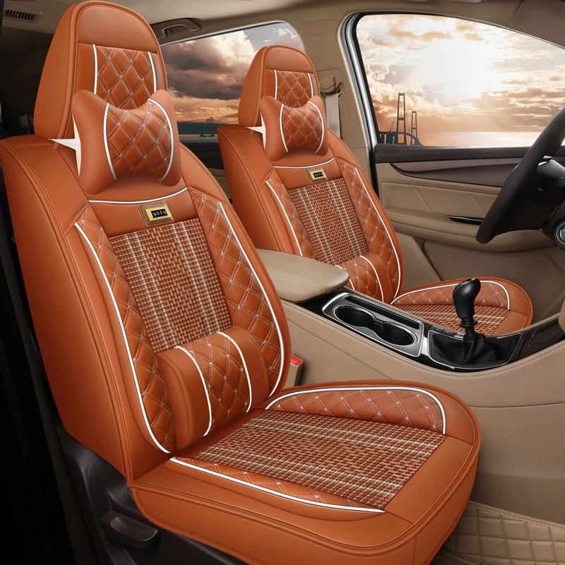 SOGLOTY Universal Car Seat Covers for First 5 Seats Nappa Style PU Leather Cooling Fabric Lumbar Cushions Airbag Compatible