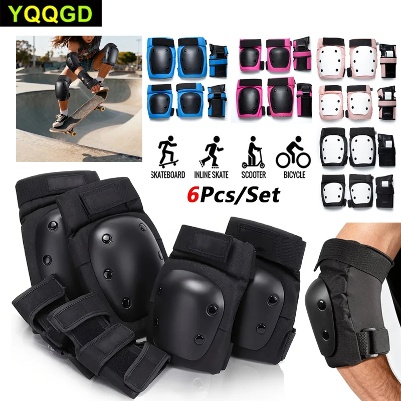 6Pcs Knee Pads Elbow Pads with Wrist Guards, Adult Skateboard Skate Pads 3 in 1 Protective Gear Set for Skateboarding Skating