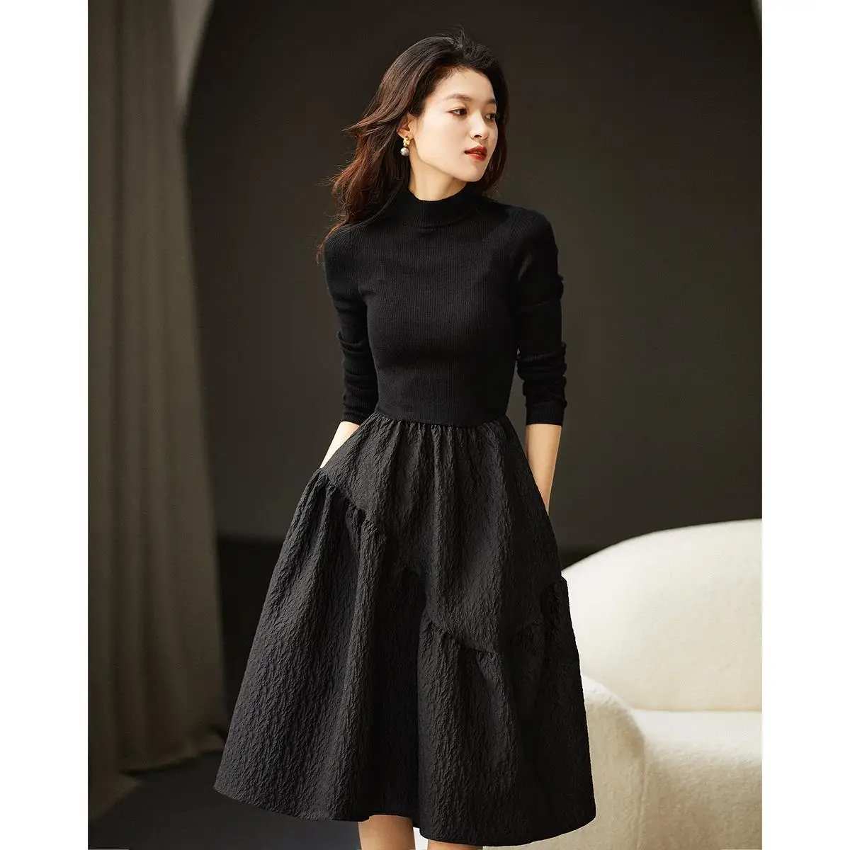 Autumn Winter New Fashion Women’s Black Solid Color Half Turtleneck Long Sleeve Mid Calf Length Basic Elegant Dresses Female