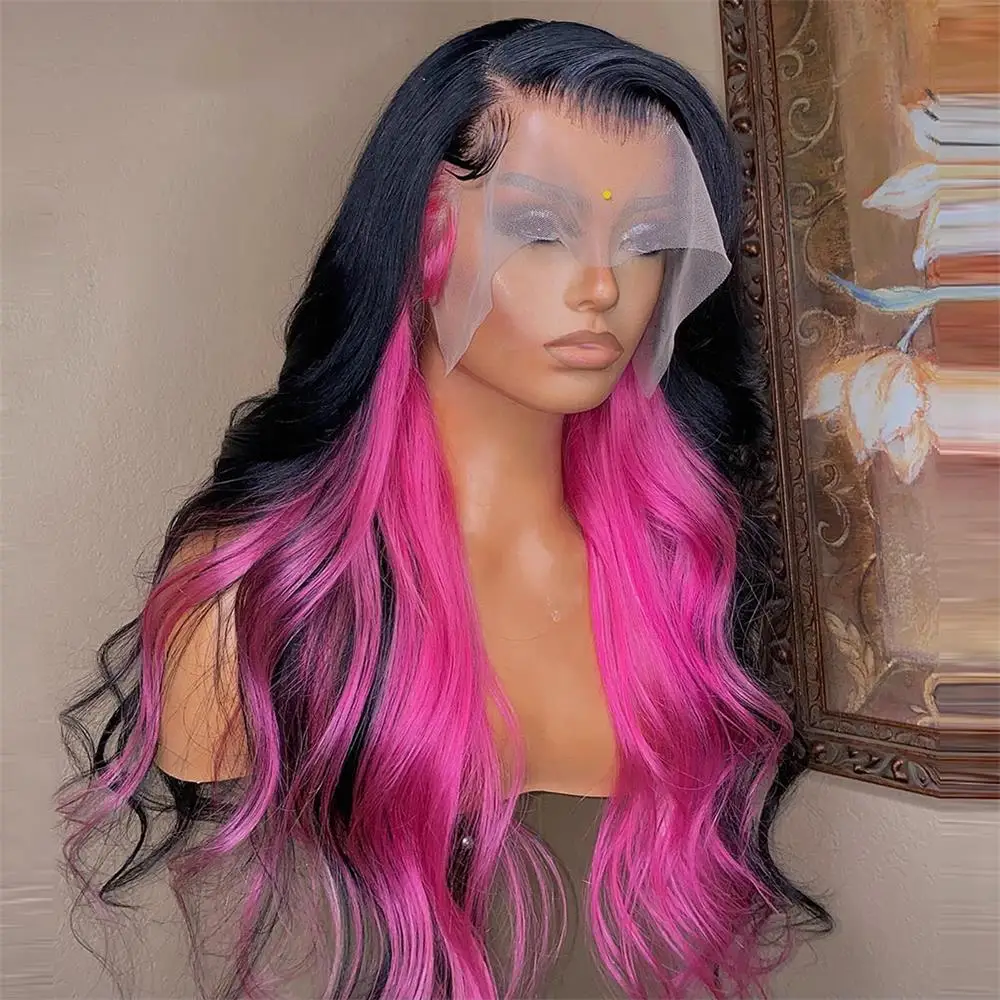 FANXITION Black/Pink Highlight Long Body Wave Synthetic Lace Front Wigs for Women Half Hand Tied Natural Looking Daily Wear Wigs