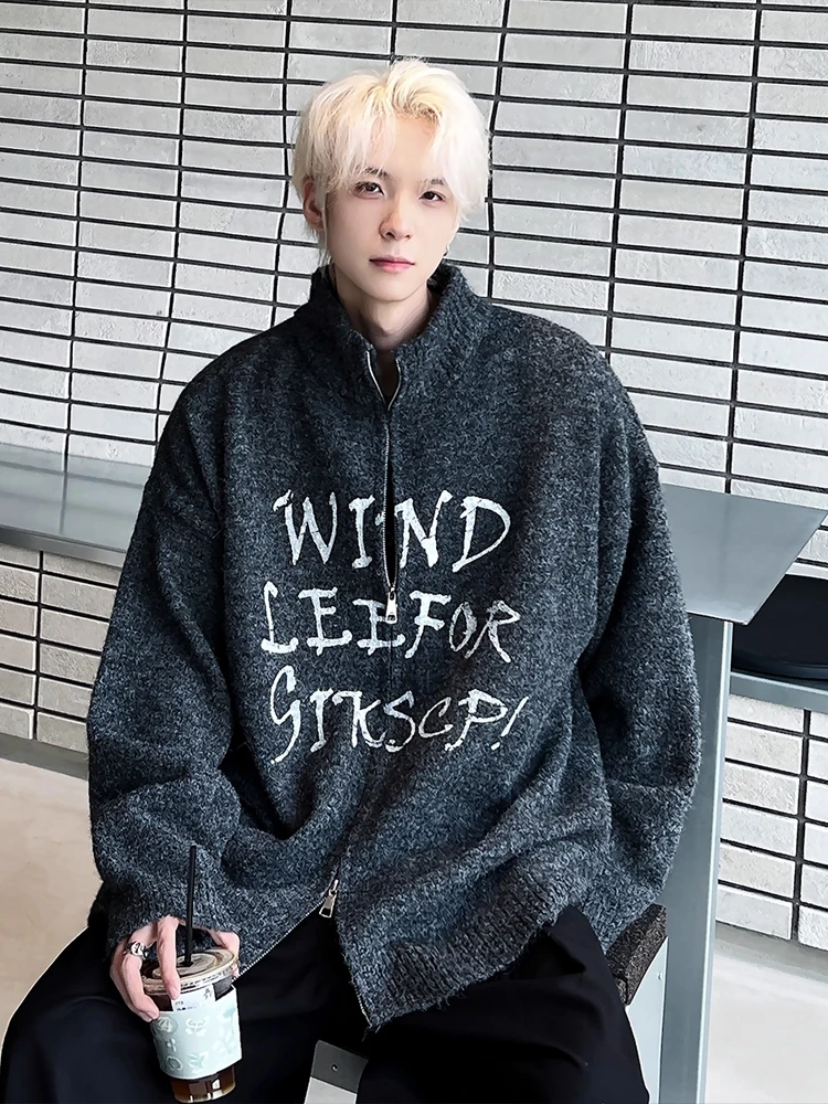 

Deep ey Double Zipper Men's Casual Knitwear Fall Season Loose Fit Stand Collar Comfortable Loose Sle Faionable Sweater