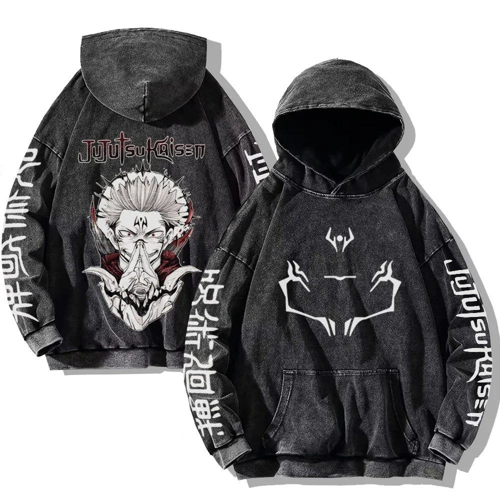 Jujutsu Kaisen Satoru Gojo Vintage Washed Hoodies Men Women Japanese Style Streetwear 100% Cotton Oversized Hoodies Sweatshirts