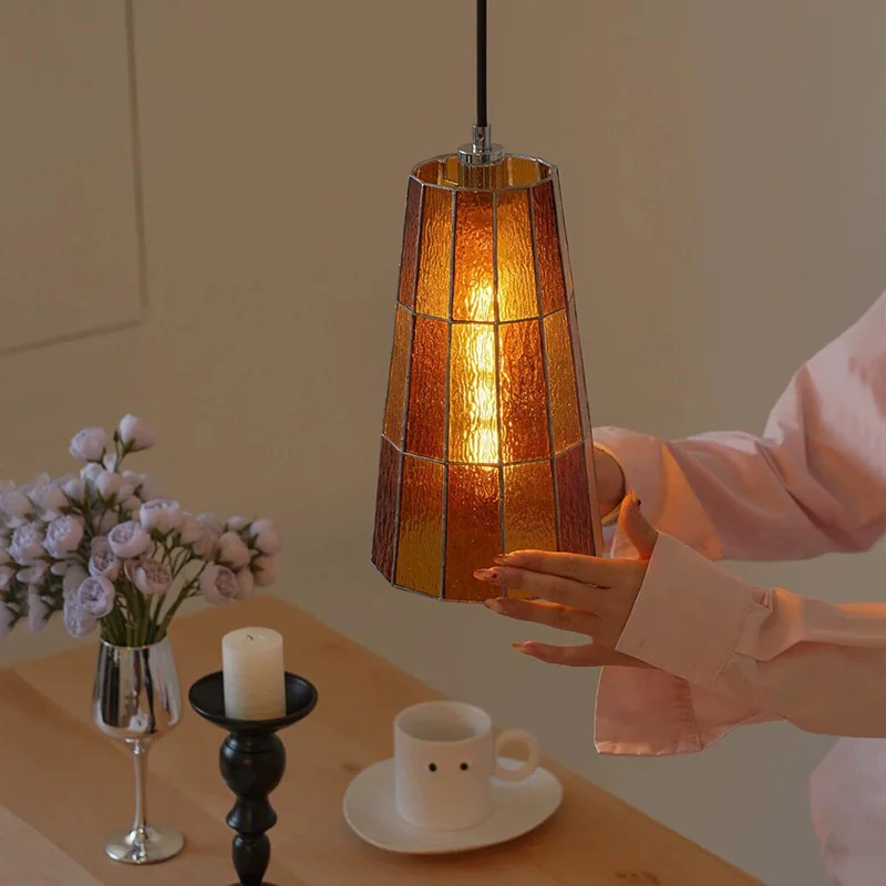 Handmade Stained Glass Pendant Light Retro Mushroom Shape Hanging Lamp Modern Vintage Glass Shade Lamp for Kitchen Island  Decor
